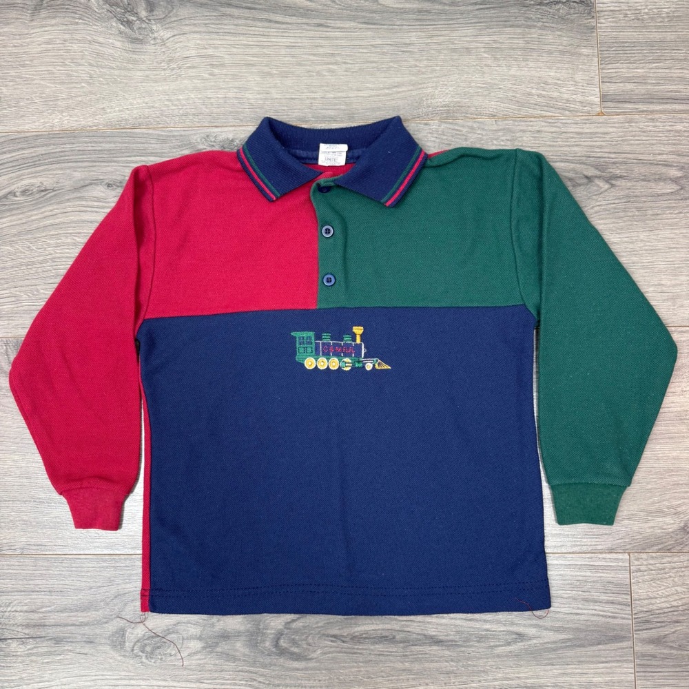 Vintage Healthtex Train Shirt Kids Size 7 Colorblock Long Sleeve USA Union Made
